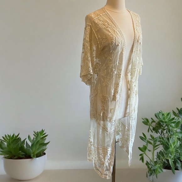 SOLD Boho Open Front Lace Kimono Semi Sheer - Picture 2 of 11